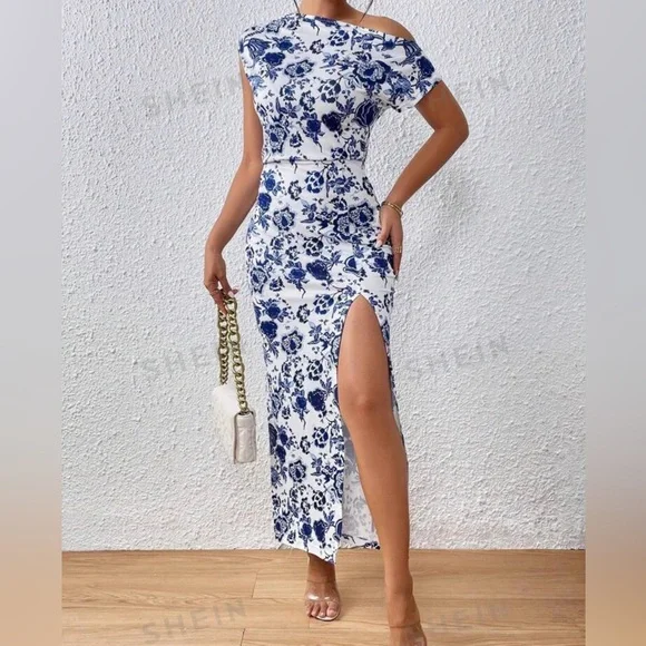 Beautiful Women's Floral Printed Asymmetric Neckline High Split Dress. - Picture 3 of 5